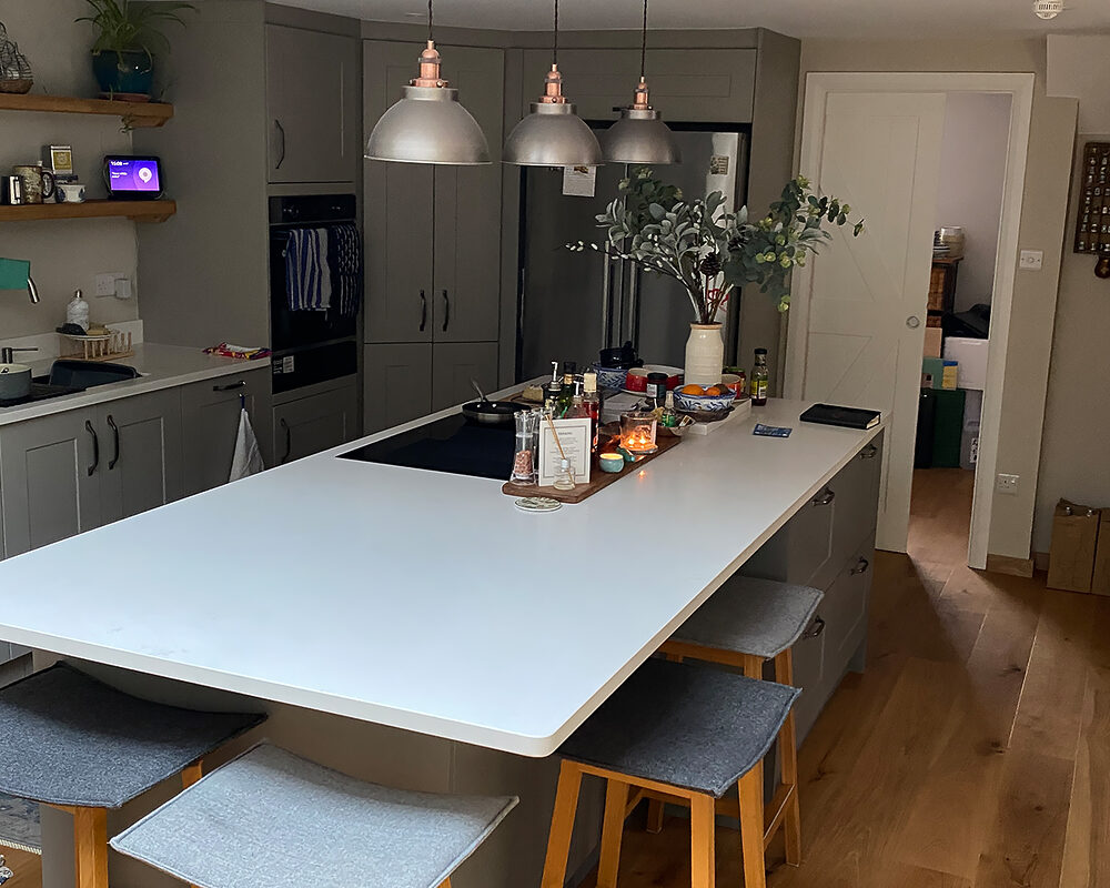 Beautiful kitchen with large kitchen island - view from new extension built by River ODP