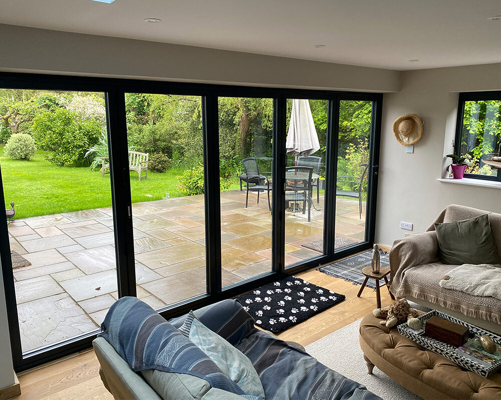 New modern extension - inside view on patio doors. Built by contractor River ODP