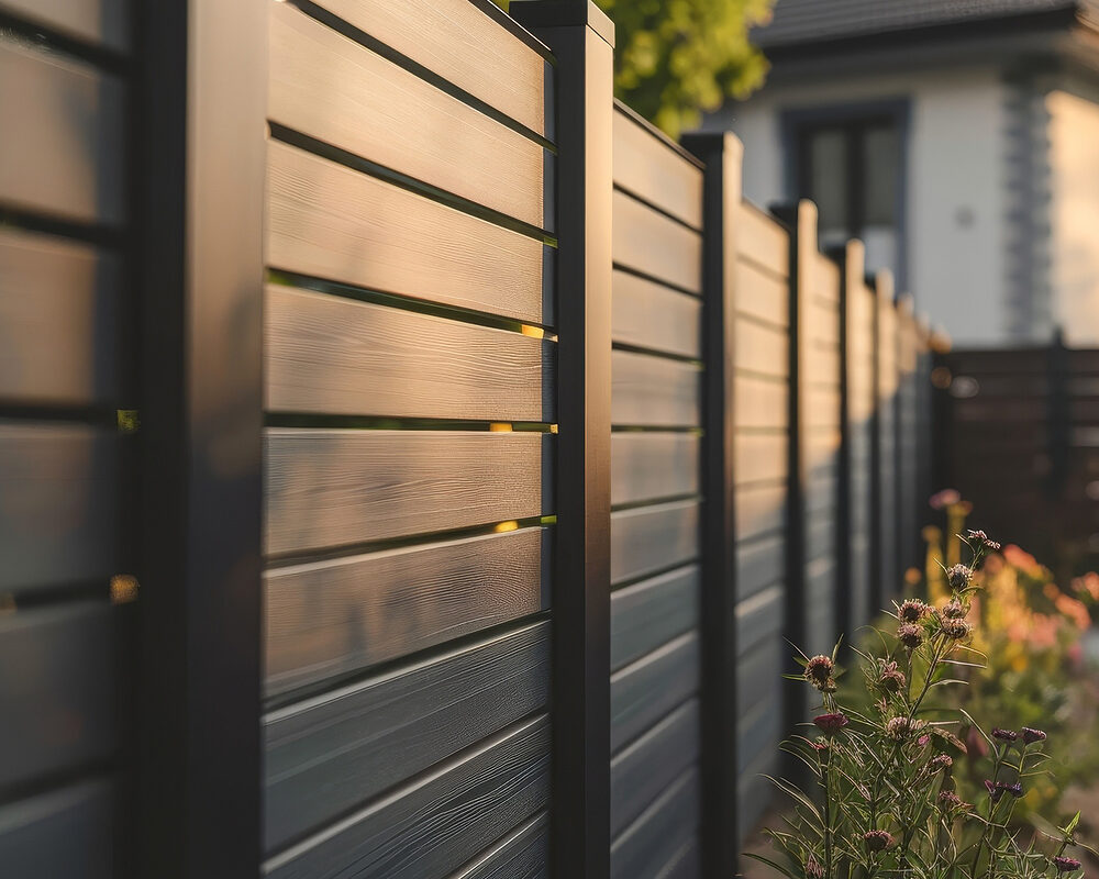 Composite horizontal fence in modern charcoal colour installed by building company River.ODP in Hasting.