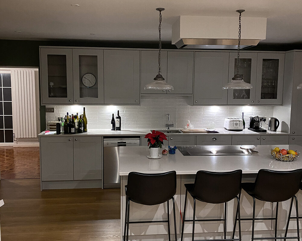 Shaker style light grey kitchen with island in Tunbridge Wells by builders and installers River.ODP, kitchen design specialists.