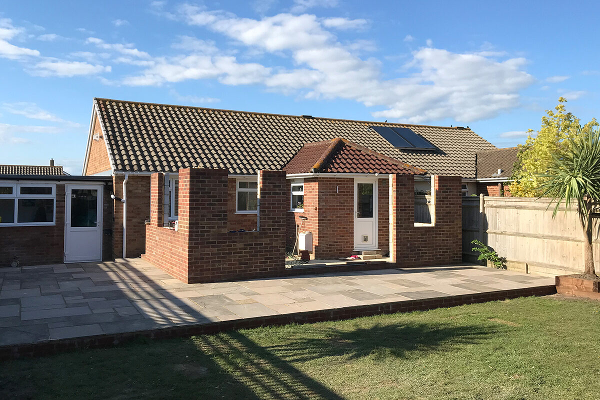 Large Indian Stone Patio and orangery in progress built by River ODP in Eastbourne