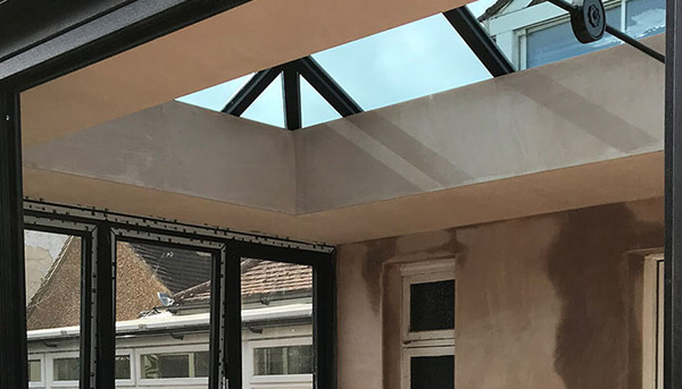 View on lantern roof and plastering job in orangery installed by builder of River.ODP in Eastbourne